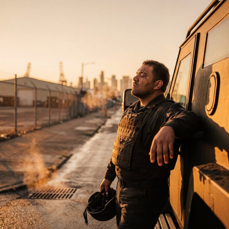 Man leans on vehicle during sunset in urban setting Premium Stock Image - stock photo