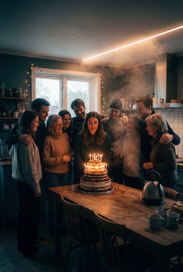 Birthday celebration with friends and family in a cozy kitchen - stock photo