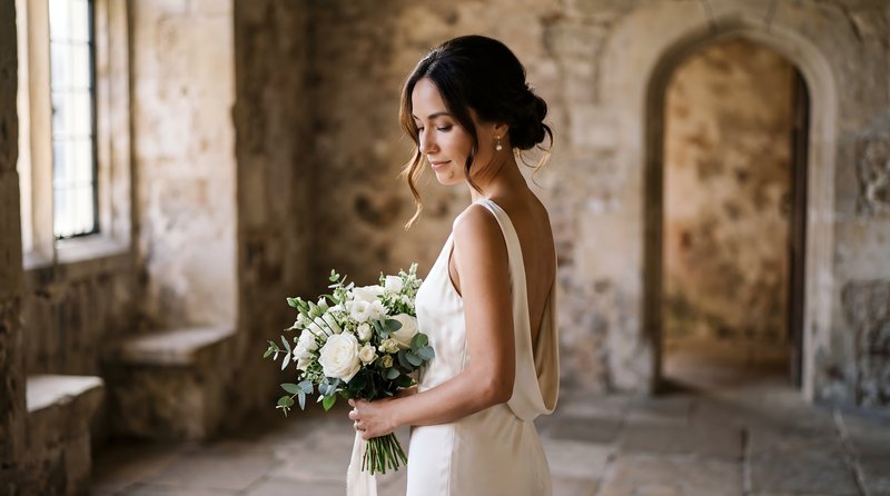 Bride holding bouquet in a stone hall before the wedding Premium Stock Photo - stock photo
