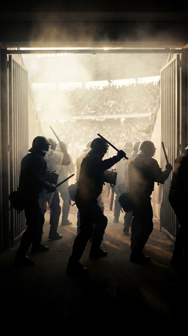 Police enter stadium to manage crowd during sports event - stock photo