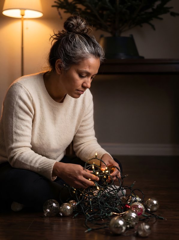 Woman untangling string lights in a cozy indoor space Premium Stock Photo - stock photo