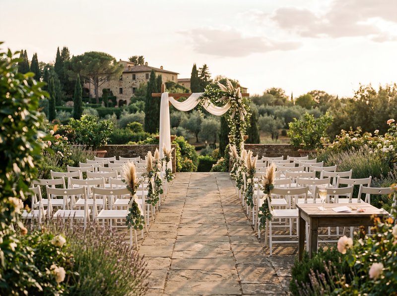 Elegant outdoor wedding setup in a garden in Tuscany Premium Stock Image - stock photo
