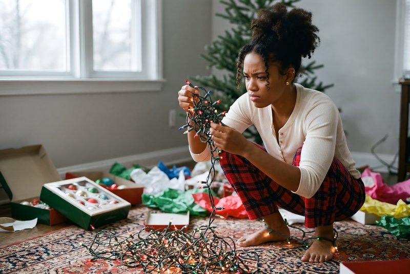 Woman organizing Christmas lights in living room at home Premium Stock Photo - stock photo