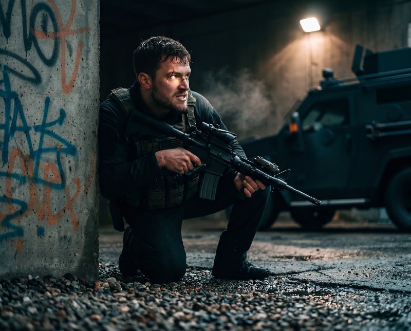 Soldier takes cover in urban area during night operation Premium Stock Image - stock photo