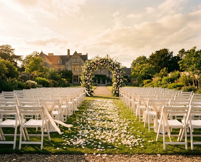 Outdoor wedding ceremony with floral arch and chairs arranged Premium Stock Photo - stock photo