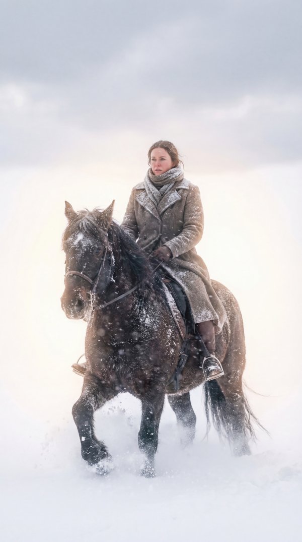 Woman rides horse through snow during winter in open field - stock photo