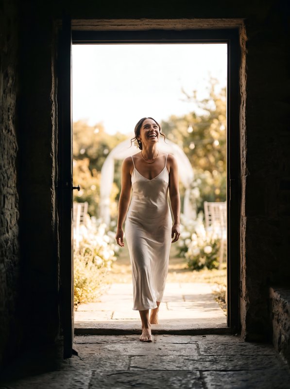 Bride walks through door to wedding ceremony Premium Stock Photo - stock photo