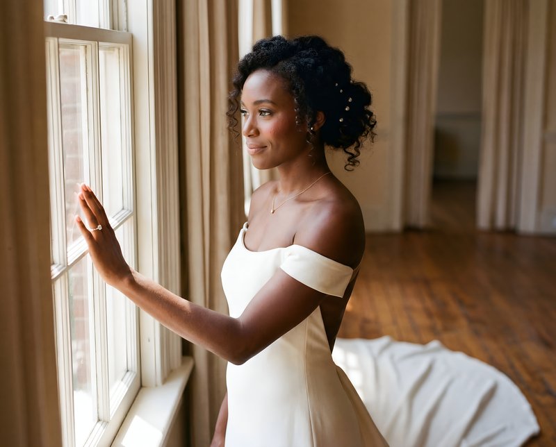 Bride looking out the window in a wedding dress Premium Stock Image - stock photo