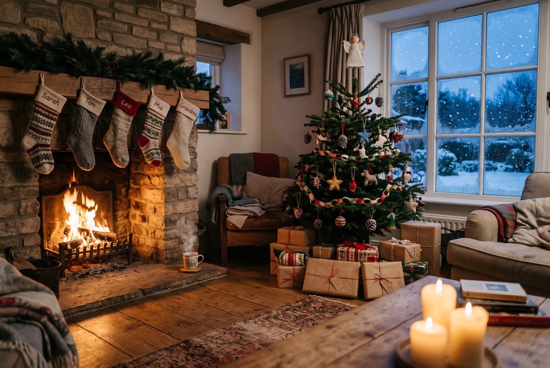 Cozy fireplace and Christmas tree in a warm room Premium Stock Image - stock photo
