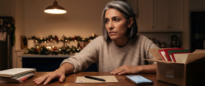 Woman sitting at table with holiday cards during evening Premium Stock Photo - stock photo