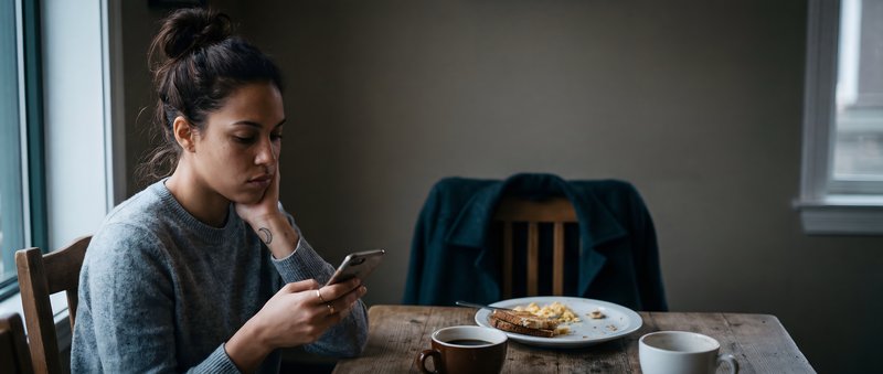 Woman using phone while sitting at a table with food Premium Stock Image - stock photo