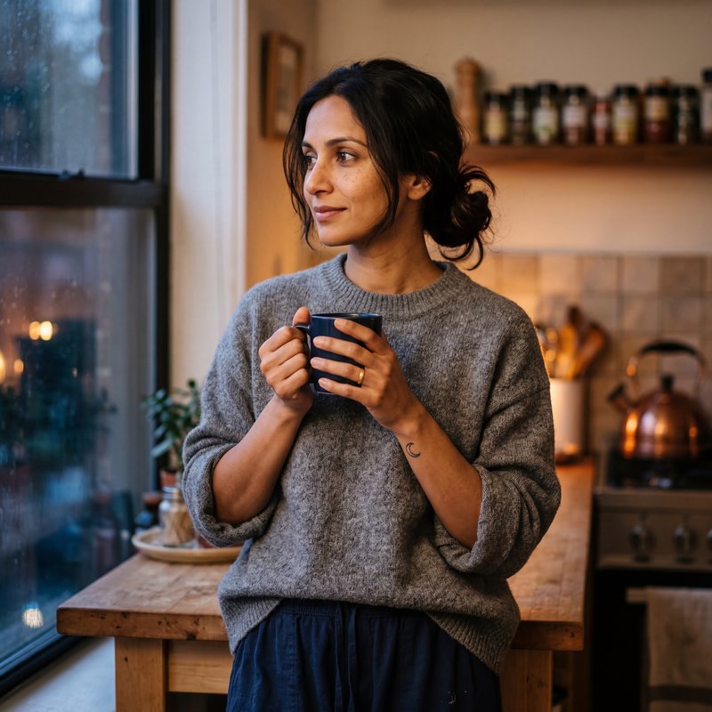 Woman holding a cup in a cozy kitchen at evening time Premium Stock Image - stock photo