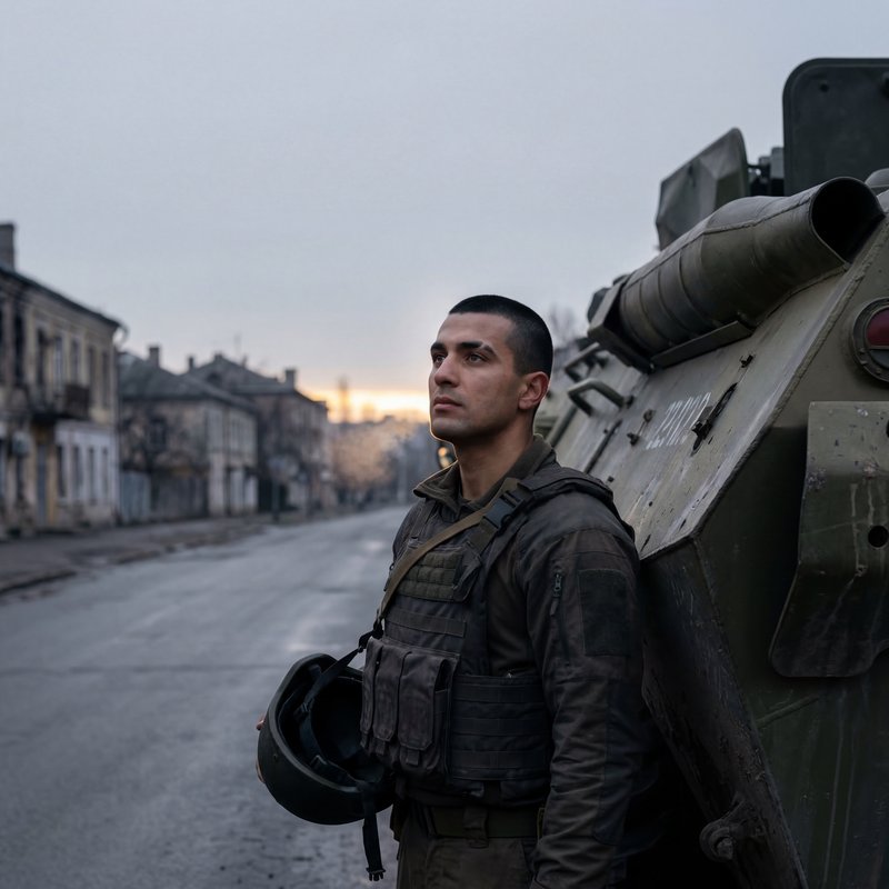 Soldier stands next to military vehicle in quiet street at dusk Premium Stock Image - stock photo