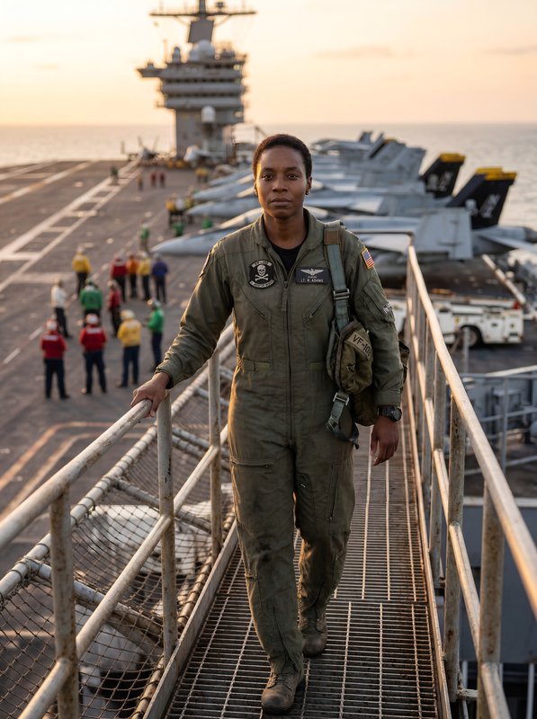 Navy pilot walks on deck during sunset on aircraft carrier Premium Stock Image - stock photo