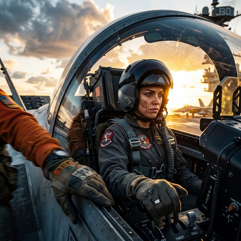 Pilot prepares for flight on aircraft carrier at sunset Premium Stock Image - stock photo