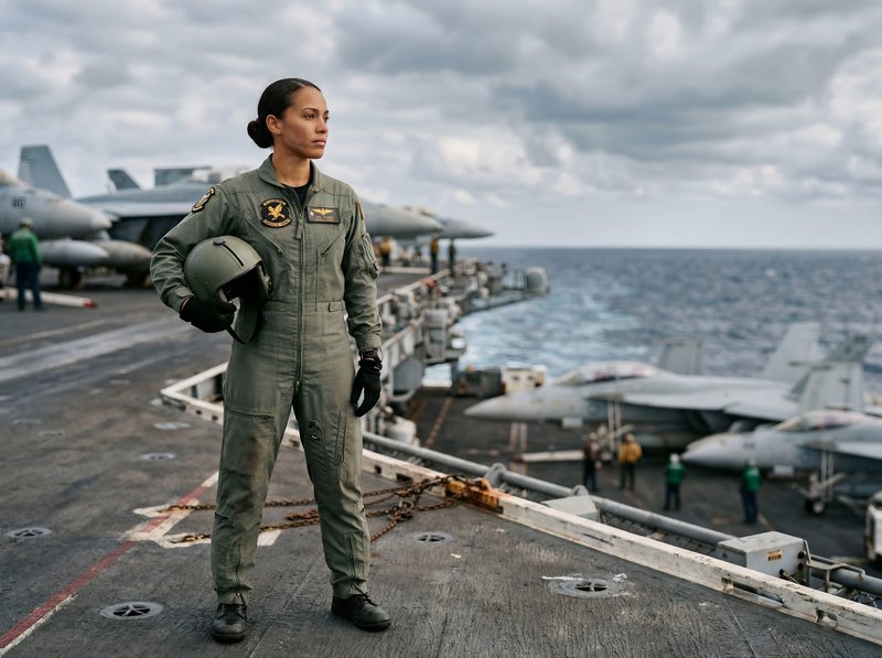 Female pilot stands on aircraft carrier during training mission Premium Stock Photo - stock photo