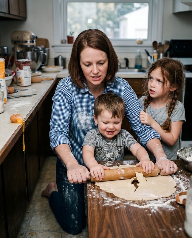 Family bakes cookies together in cozy kitchen on a weekend Premium Stock Image - stock photo
