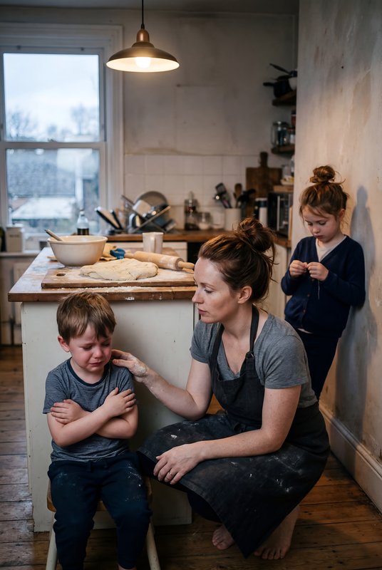 Mother comforts son in kitchen during baking activity Premium Stock Image - stock photo