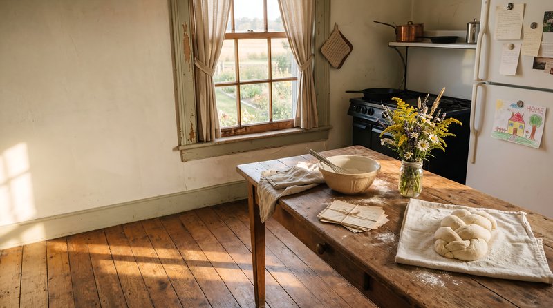 Baking bread in a rustic kitchen during afternoon light Premium Stock Image - stock photo