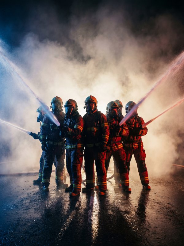 Firefighters stand ready to fight flames during a night operation - stock photo