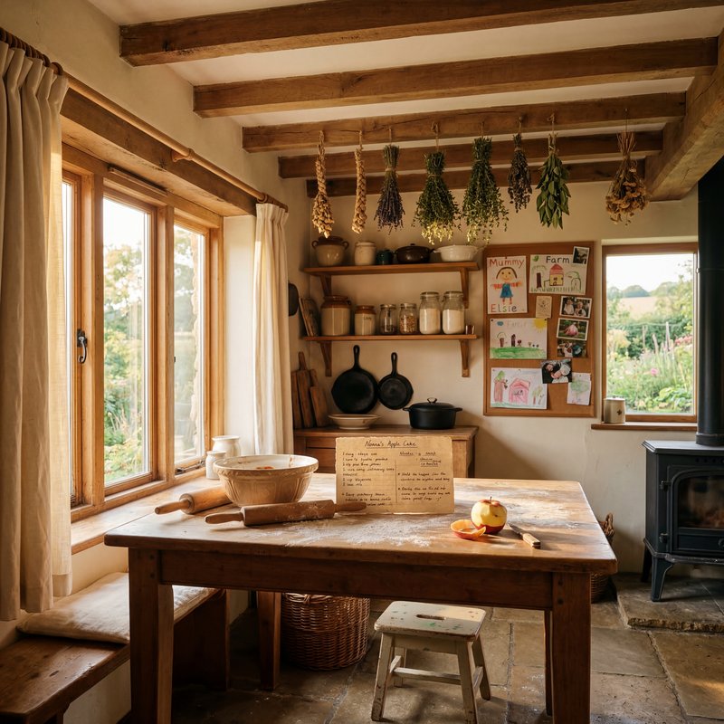 Cozy kitchen with herbs hanging and a wooden table Premium Stock Image - stock photo