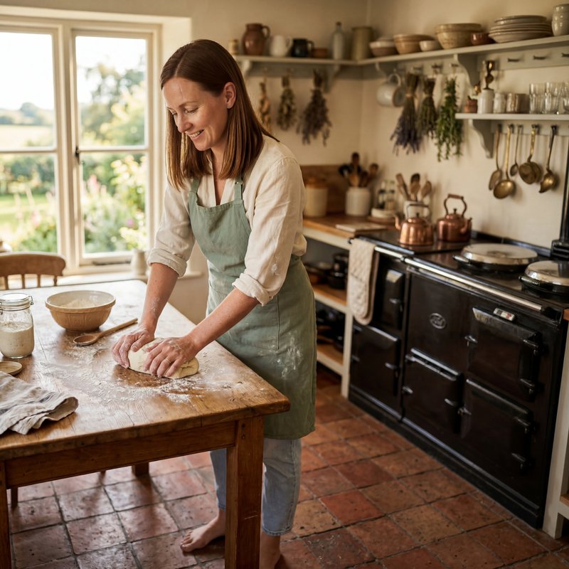 Woman kneads dough in home kitchen in the countryside Premium Stock Image - stock photo