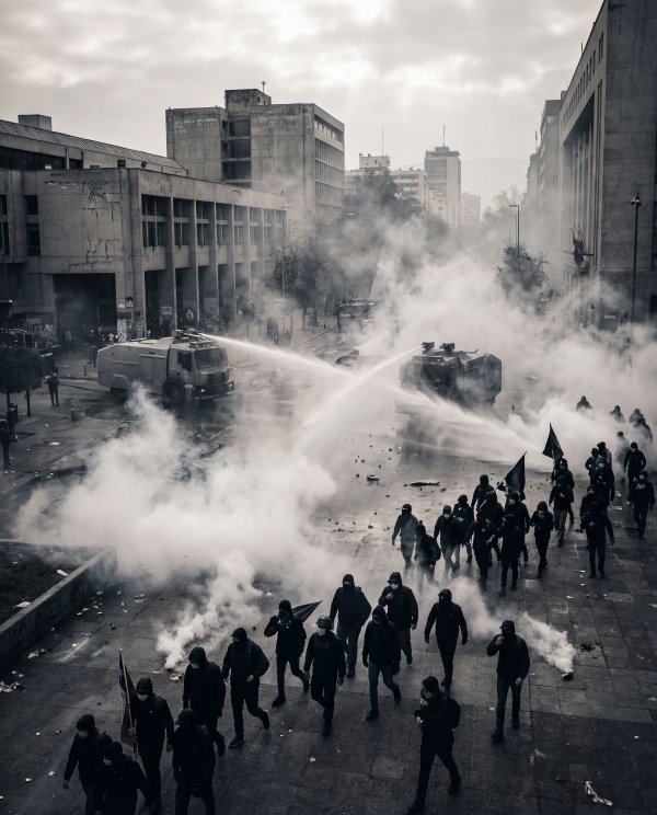 Crowd marches during protest with police presence and smoke - stock photo