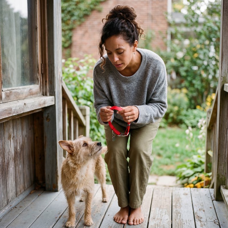 Owner prepares to walk dog at home entrance Premium Stock Image - stock photo