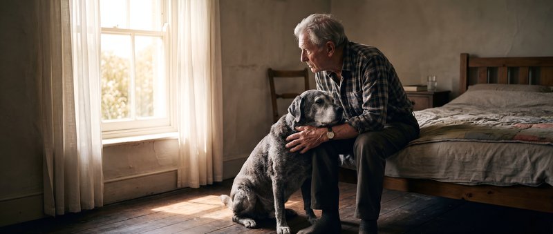 Man sits with dog in a bright room during the day Premium Stock Image - stock photo