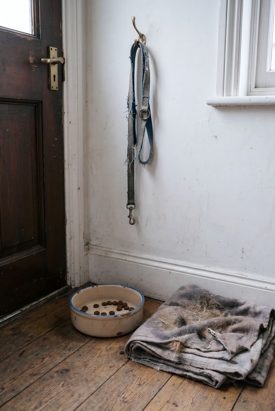 Leash and food bowl placed near the door of a home Premium Stock Image - stock photo