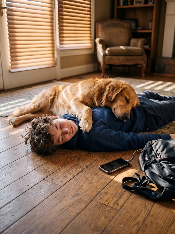 Dog rests on person at home in cozy living room space Premium Stock Image - stock photo