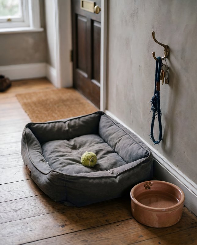 Dog bed with a tennis ball in a home hallway setting Premium Stock Photo - stock photo