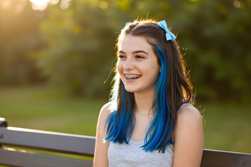 Girl with blue hair sitting on a bench outdoors in sunlight Premium Stock Photo - stock photo