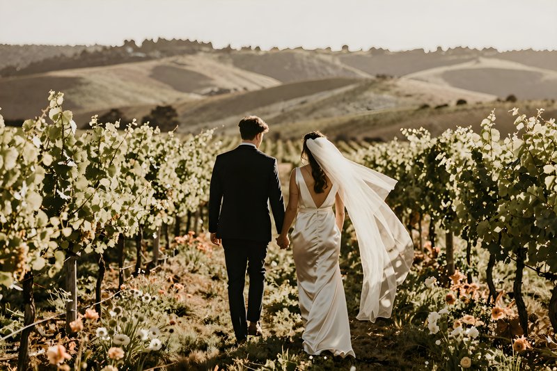 Couple walks through vineyard on wedding day in sunlight Premium Stock Image - stock photo