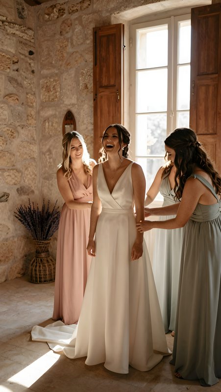 Friends help bride get ready in a sunny room Premium Stock Photo - stock photo
