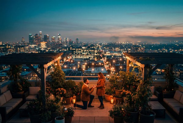 Couple enjoys proposal on rooftop with city skyline at sunset - stock photo