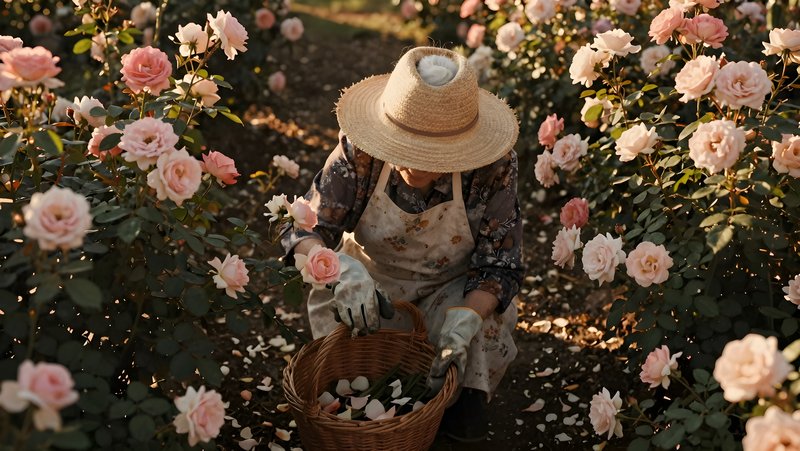 Gardener picking roses in a field surrounded by flowers Premium Stock Image - stock photo