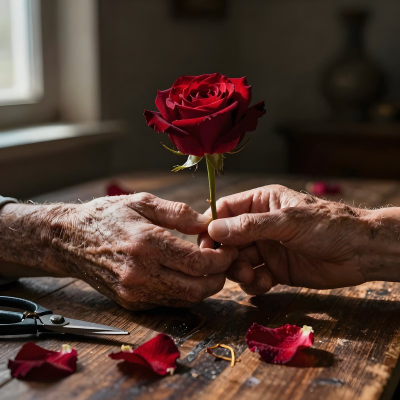 Hands hold a red rose in an intimate moment between individuals Premium Stock Image - stock photo
