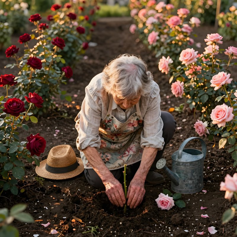 Gardener plants a rose bush in a flower garden at sunset Premium Stock Photo - stock photo