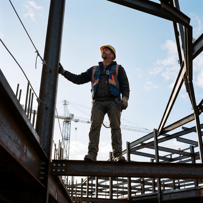 Worker stands on steel frame at construction site in daylight Premium Stock Photo - stock photo