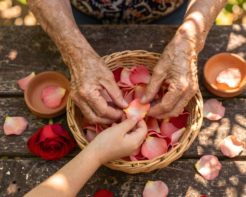 Hands are sharing rose petals in a basket at a table Premium Stock Photo - stock photo