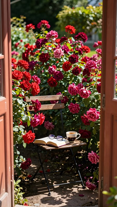 Reading by the roses in a garden on a sunny day Premium Stock Photo - stock photo