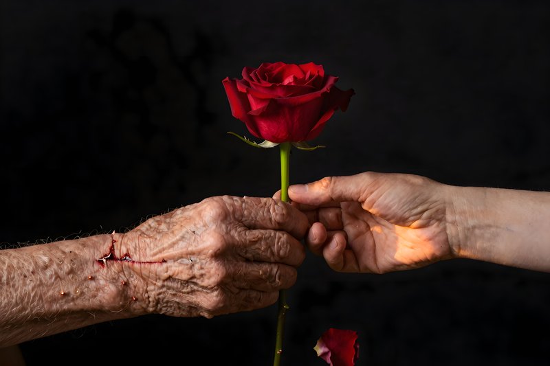 Two hands exchange a red rose with a dark background Premium Stock Photo - stock photo