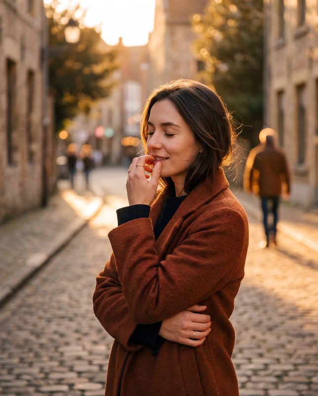 Woman smiles on a cobblestone street during sunset Premium Stock Photo - stock photo