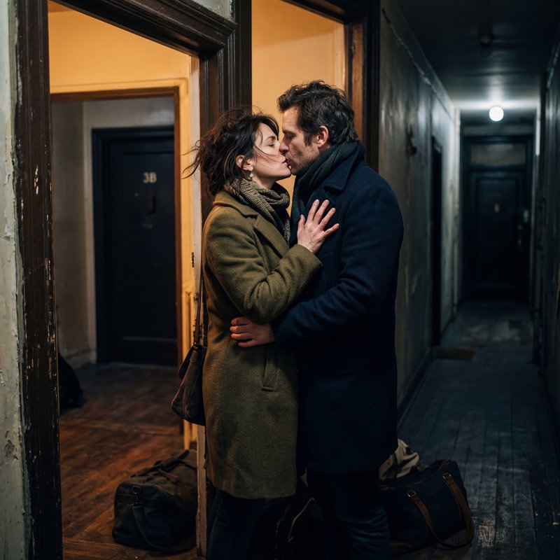 Couple shares a kiss in a hallway during night time Premium Stock Photo - stock photo