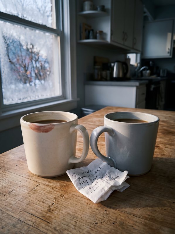 Two mugs sit on a table with a note beside them Premium Stock Photo - stock photo