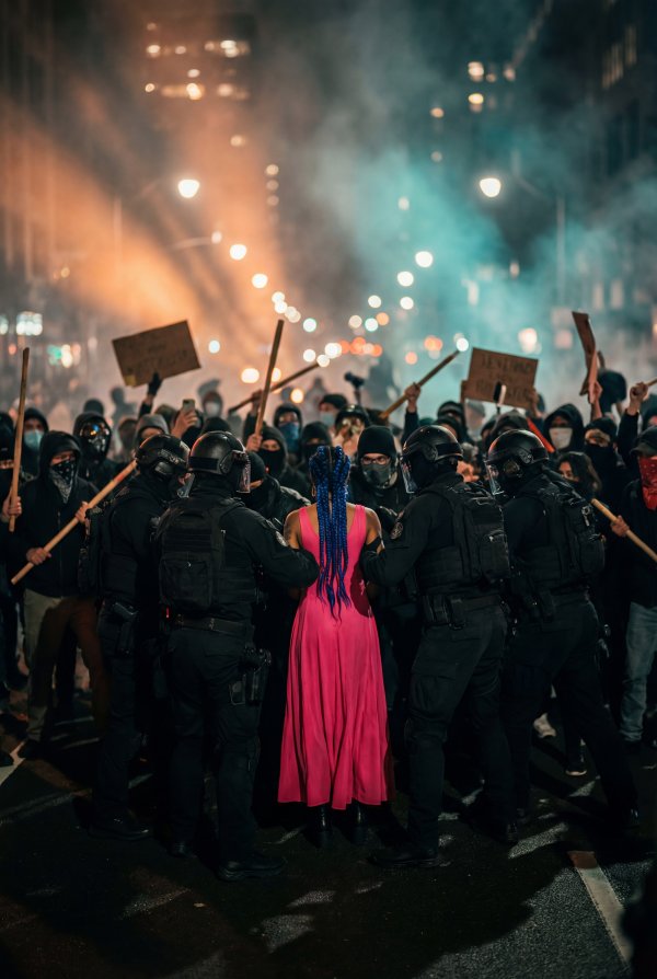 Protests and police clash in a city street at night - stock photo