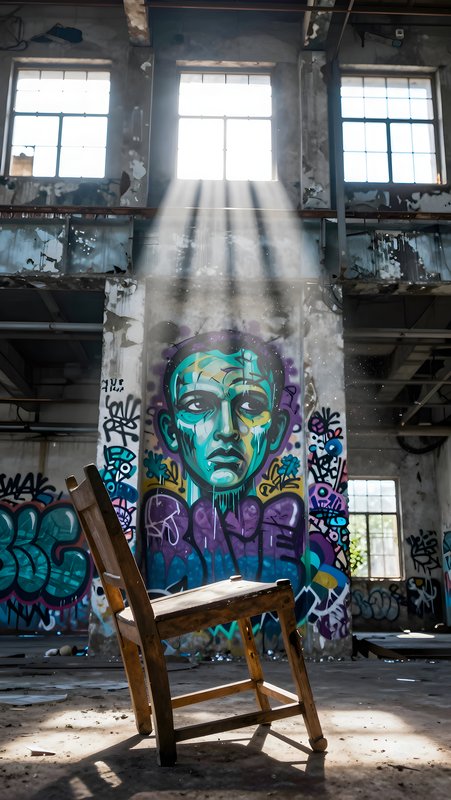 A wooden chair stands alone in a space filled with graffiti Premium Stock Image - stock photo