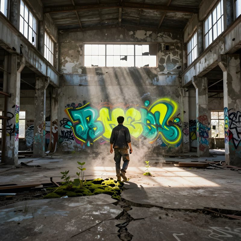 Man walks through an old building with colorful graffiti Premium Stock Photo - stock photo