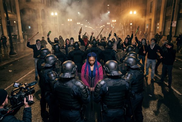 Protest against police presence in urban street at night - stock photo